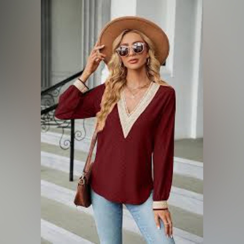 Moonshell Blouse‎ Orange Long Sleeve V-Neck Lace Trim Top XXL